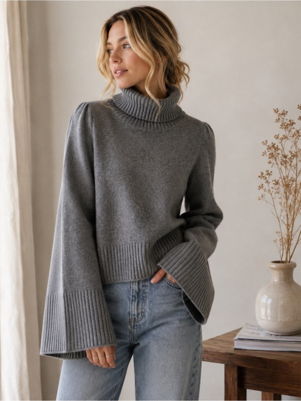 GOOP CO  Wool Cashmere Oversized Turtleneck Wide Sleeve Boxy Sweater XS S Gray